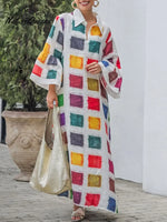 Women's Colorful Geometric Print V-neck Long Sleeve Casual Cotton Linen Dress