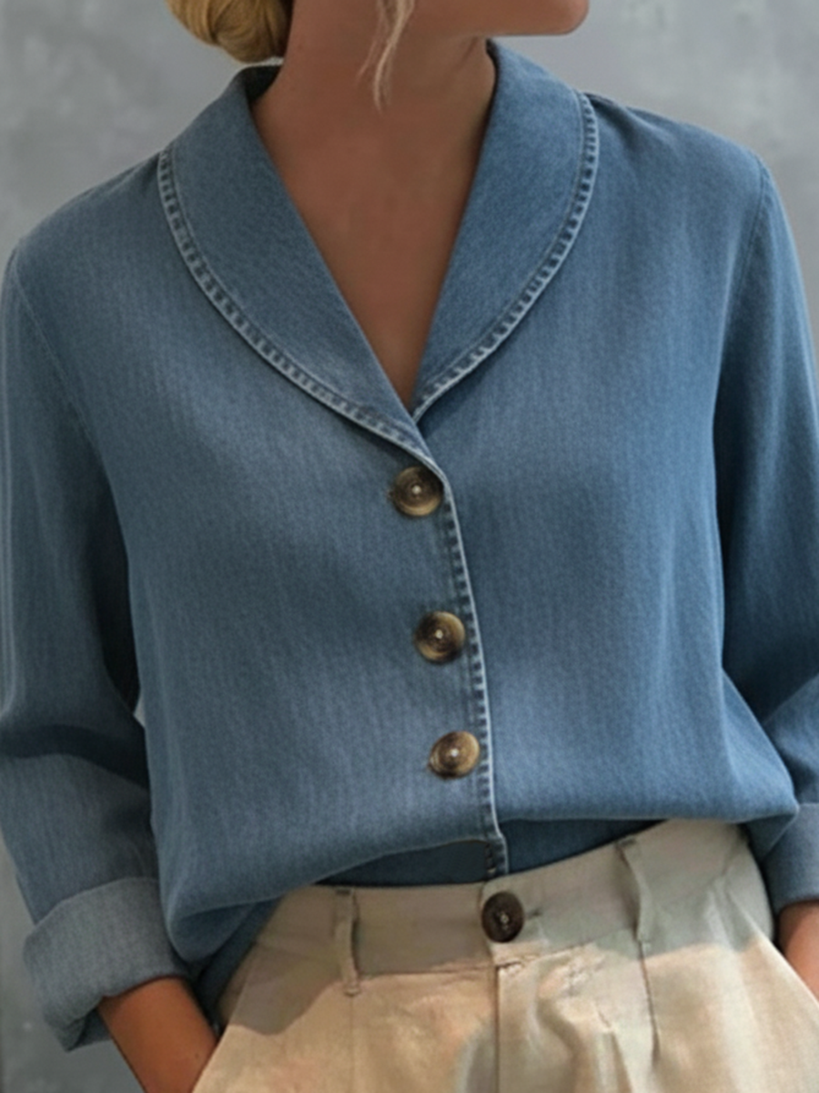 Vintage Shawl Collar Button-up Denim Cotton Top