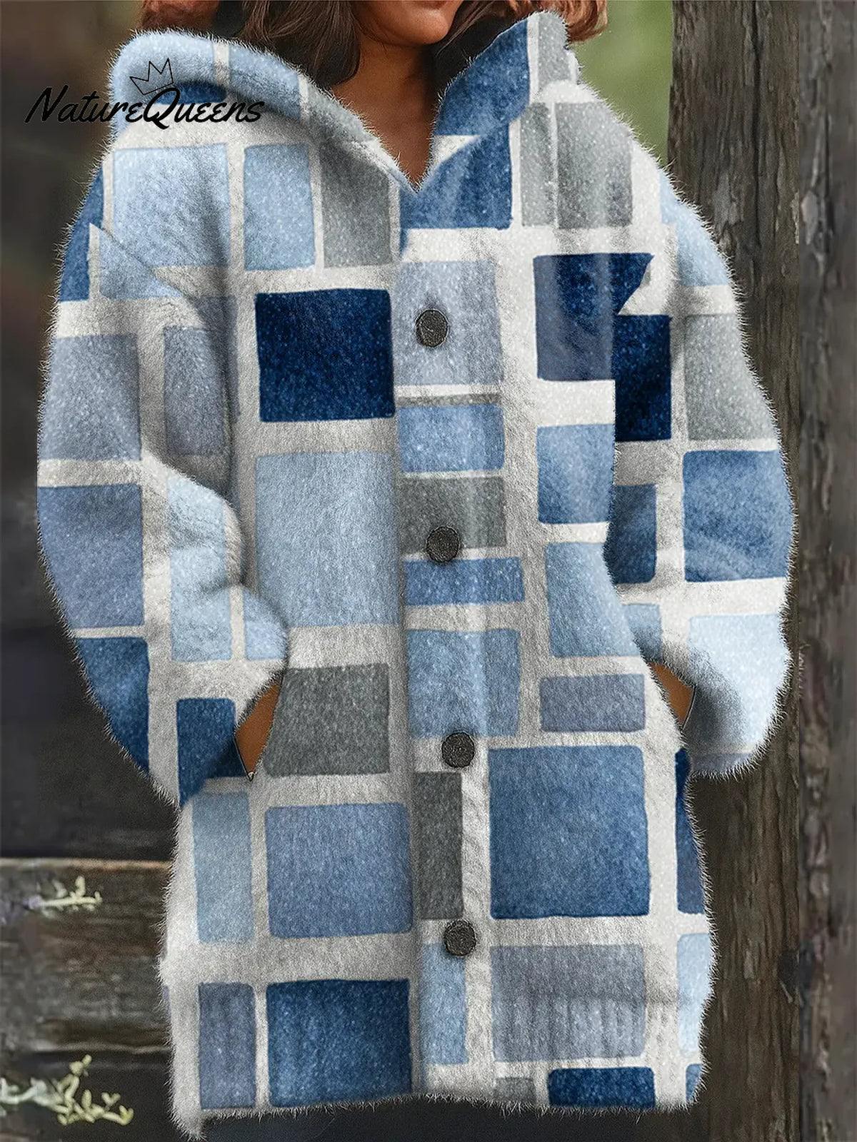 Women's VintageGeometricArt Print Casual Fleece Coat