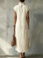 Women's Sleeveless Cotton-linen Dress — Ruffled Neckline, Artistic Graffiti Splatter Print