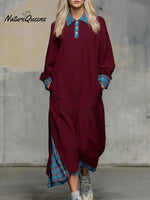 Women's Solid Color Patchwork Plaid Print Shirt Collar Long-sleeved Casual Loose Dress