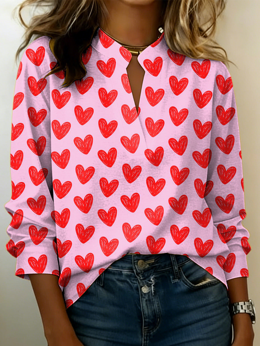 Women's Romantic Heart-shaped Decorative Patterns Minimalist V-neck Cotton Shirt Top
