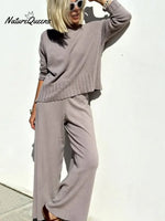 Women's Solid Color Round Neck Long Sleeve Casual Loose Knit Top and High-Waisted Knit Wide-Leg Pants Set