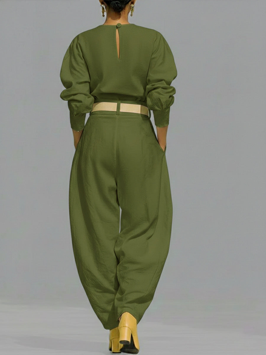 Casual Linen And Cotton Crew-neck Shirt And High-waisted Tapered Trousers Two-piece Set.
