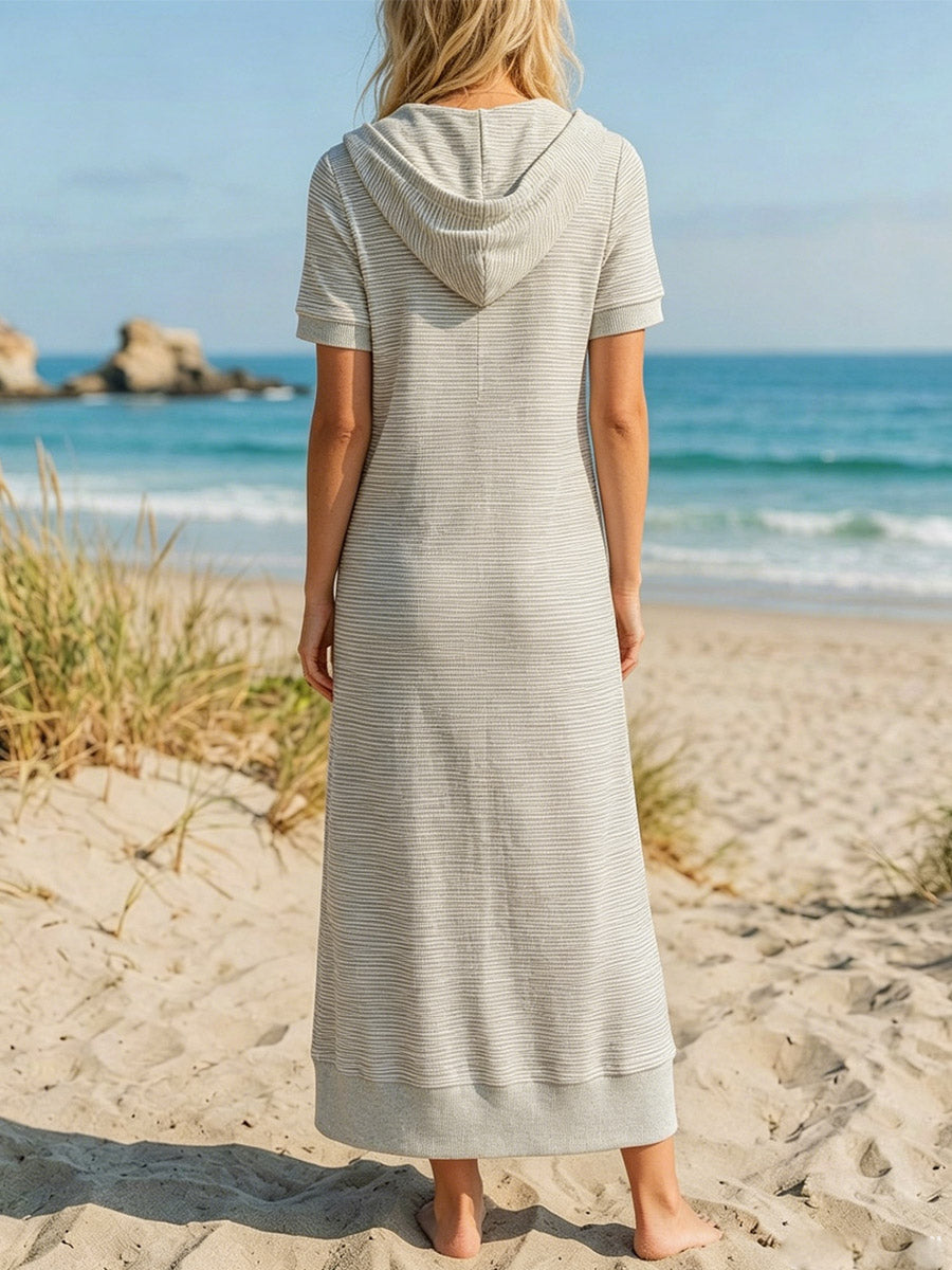 Women's Striped Art Casual Zip Hooded Short Sleeve Cotton Dress