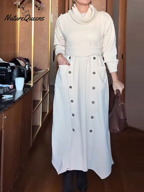 Women's Pile Neck Long Sleeve Casual Loose Knit Dress