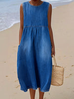 Women's Vintage BlueSleeveless Cotton Pocket Wrap Dress
