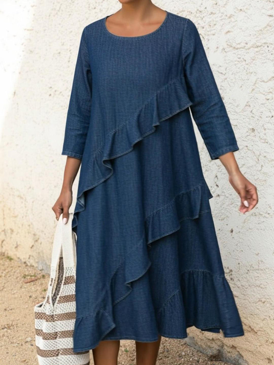 Elegant Multi-layered Ruffled Denim Cotton Dress