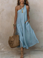 Women's Retro Solid-color One-shoulder Sleeveless Dress
