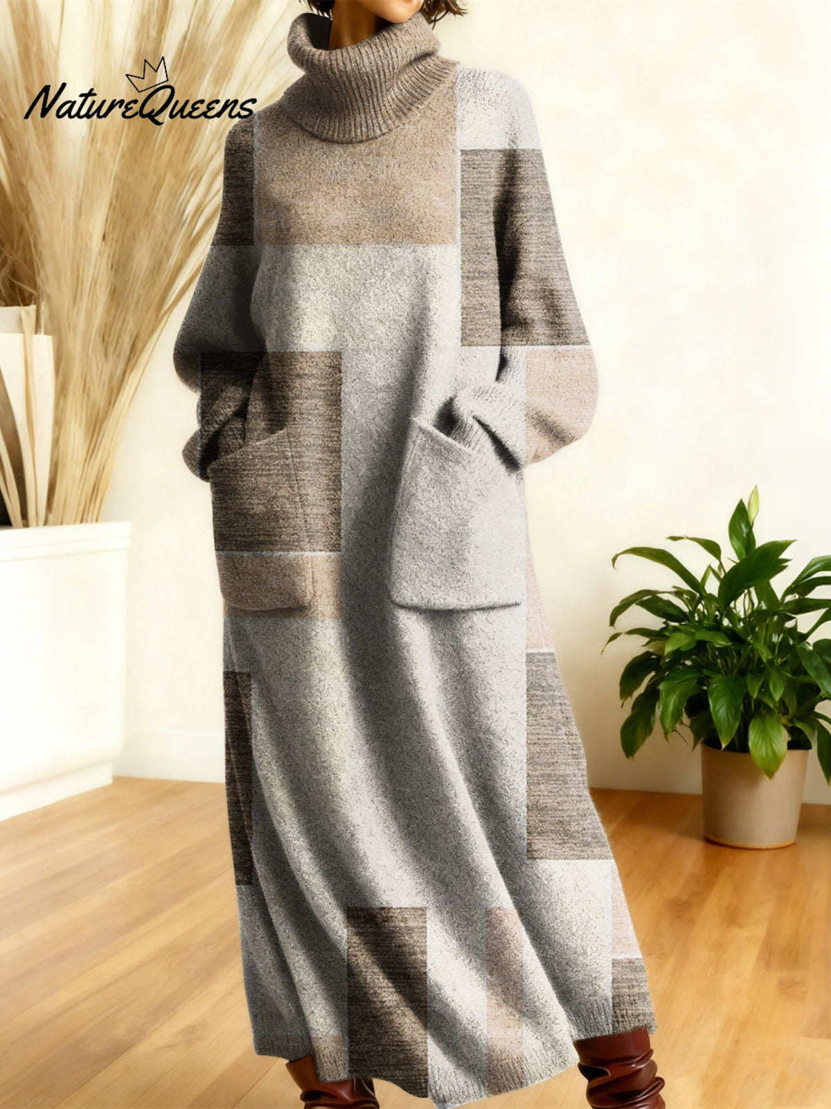 Women's Retro Geometric Patchwork High-neck Long-sleeve Casual Loose Knit Dress