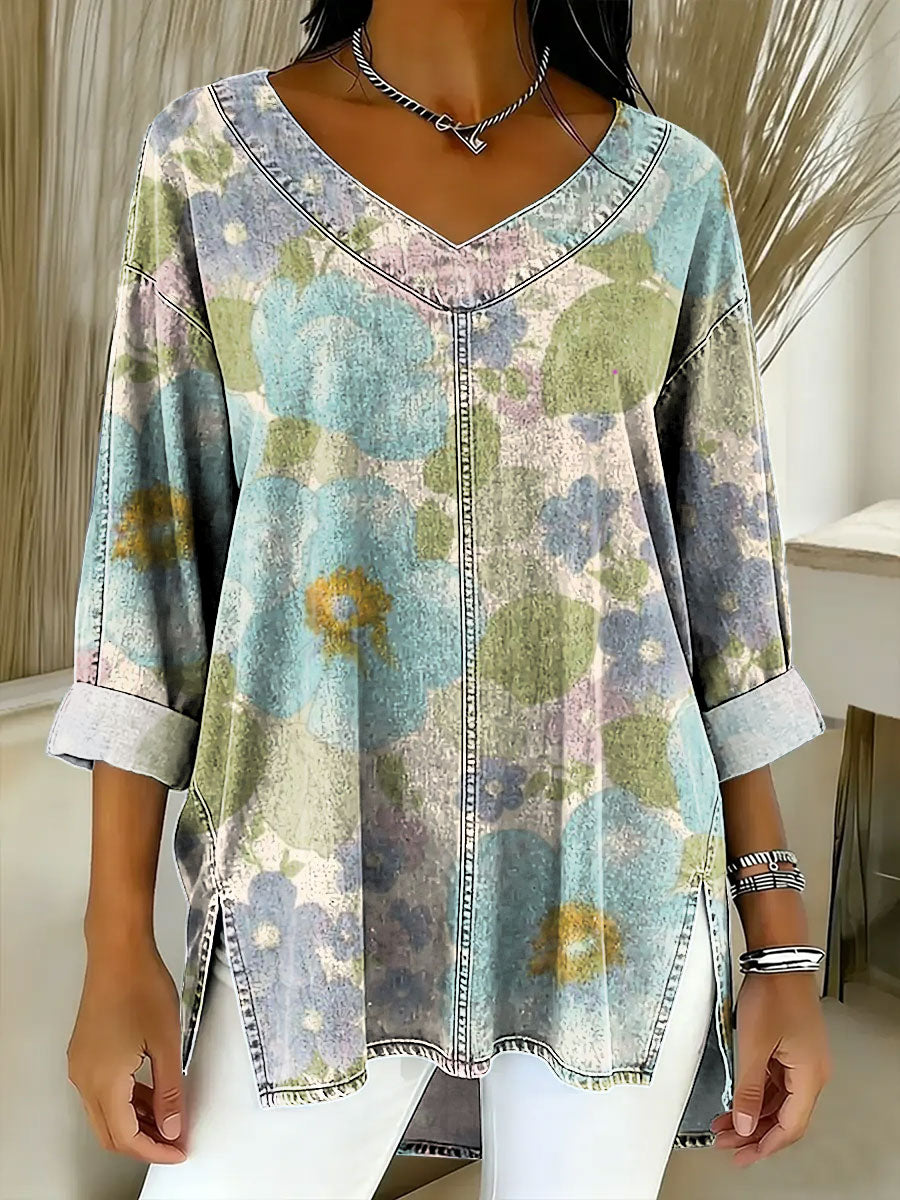 Women's Retro Gradient Flowers Floral Art Patterns Casual Washed Denim Cotton Top