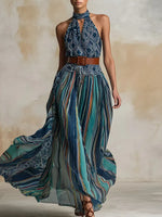 Women's Retro Striped Art Casual Relaxed Vacation Chiffon Dress