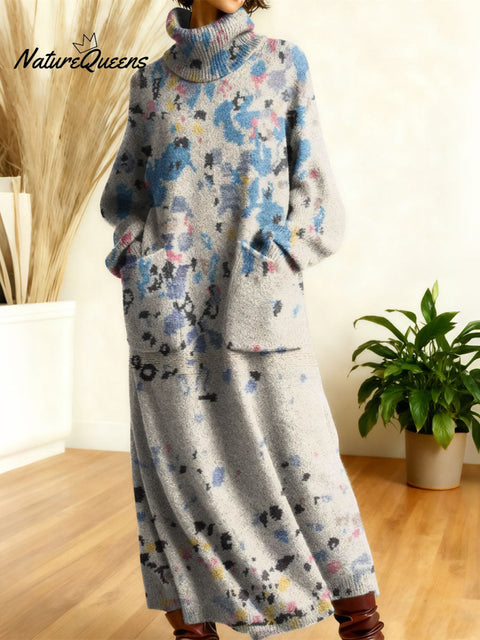 Women's Retro Color Gradient High-neck Long-sleeve Casual Loose Knit Dress