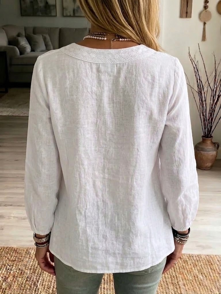 Casual Linen-cotton Top With Lace Trim