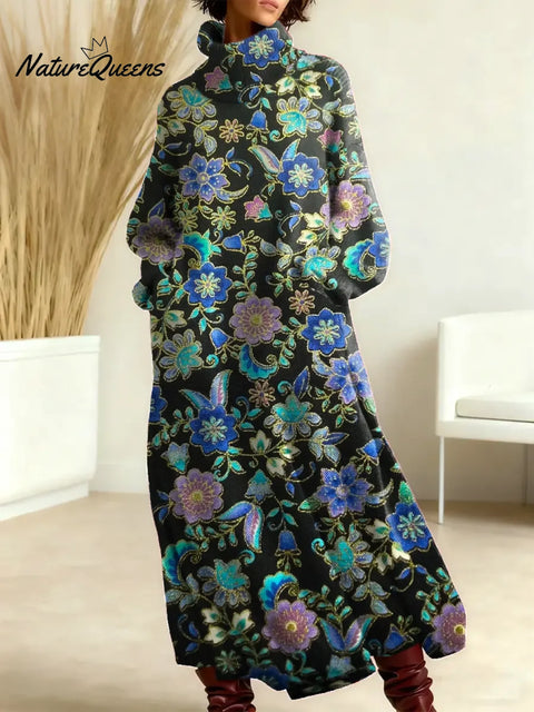 Women's Floral Pattern Art Print Casual Cotton Knitted Dress