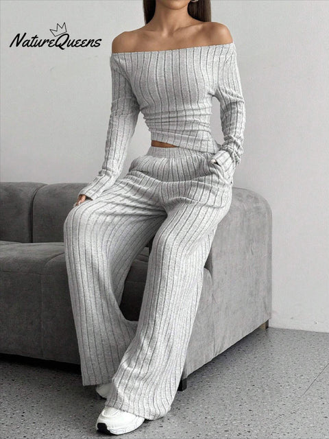 Women's Casual Striped Loose Long Sleeve Top Pants Knitted Suit