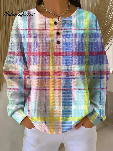 Women's Plaid Pattern Art Print Casual Waffle Sweatshirt