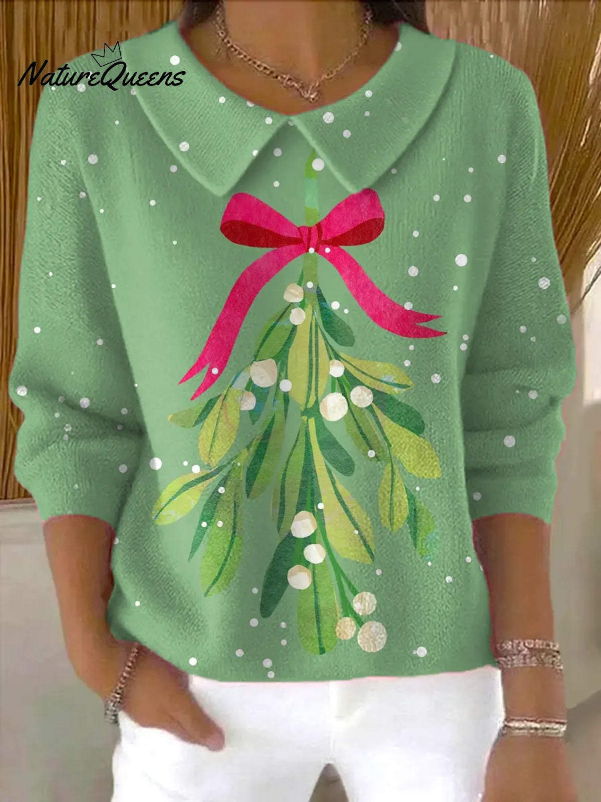 Women'sChristmas TreePrint Casual Peter Pan Collar 3/4 Sleeve Sweater
