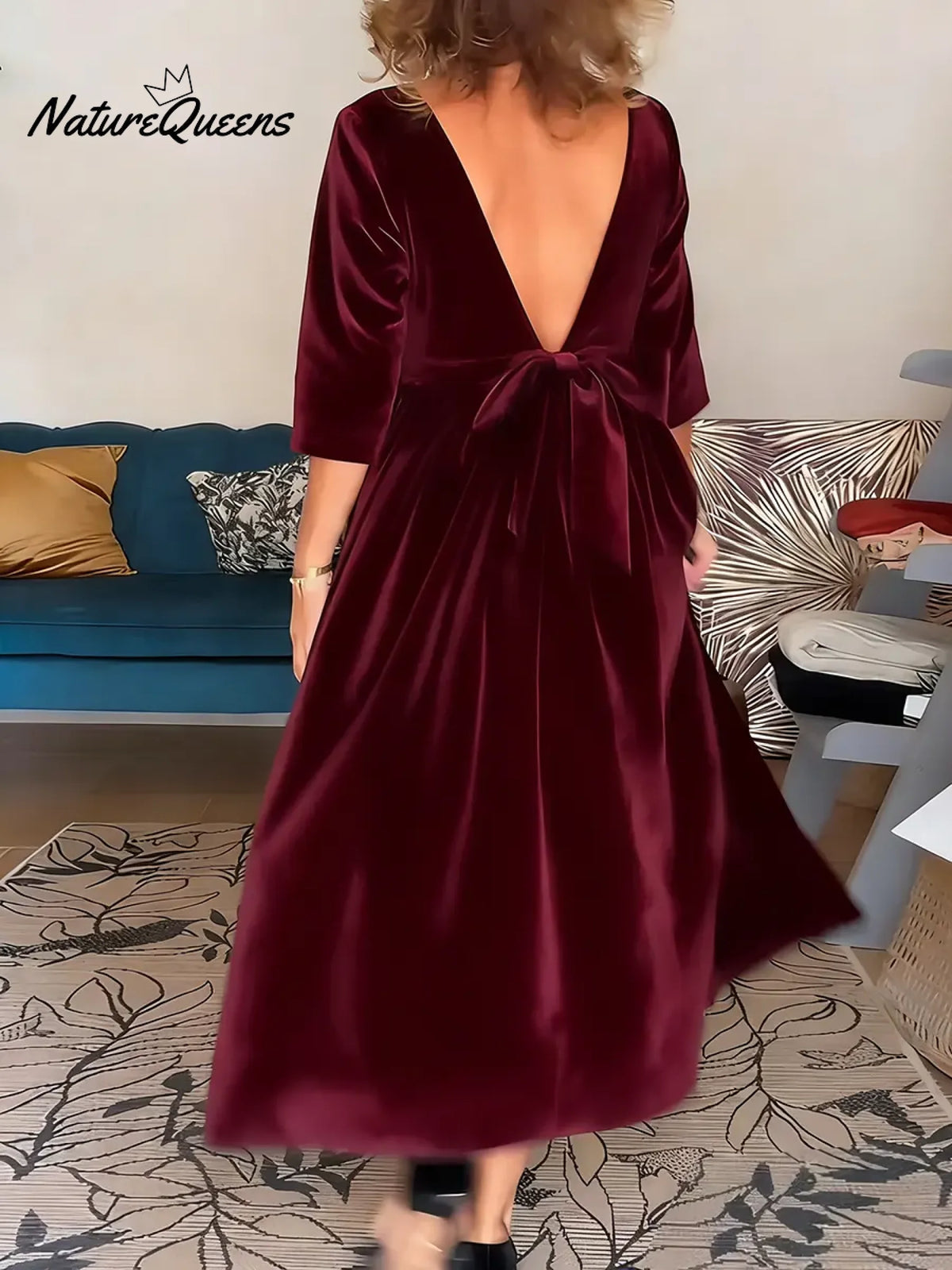 Women's Solid Color Round Neck Three-quarter Sleeve Loose Casual Velvet Dress