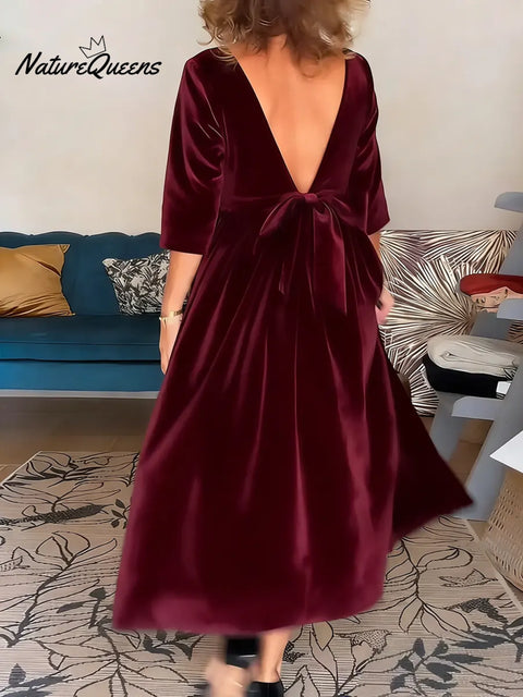 Women's Solid Color Round Neck Three-quarter Sleeve Loose Casual Velvet Dress