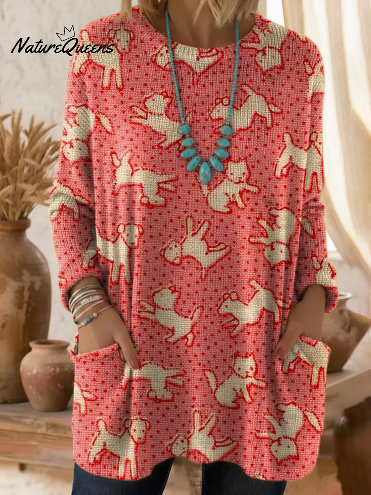 Women's Funny Cats Dogs Pattern Art Print Casual Cotton Knitted Sweater