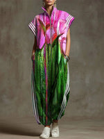 Women's Vintage Flower Art Print Casual Cotton Jumpsuit