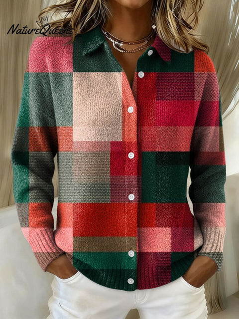 Women's Christmas Plaid Art Pattern Print Cowl Neck Sweater