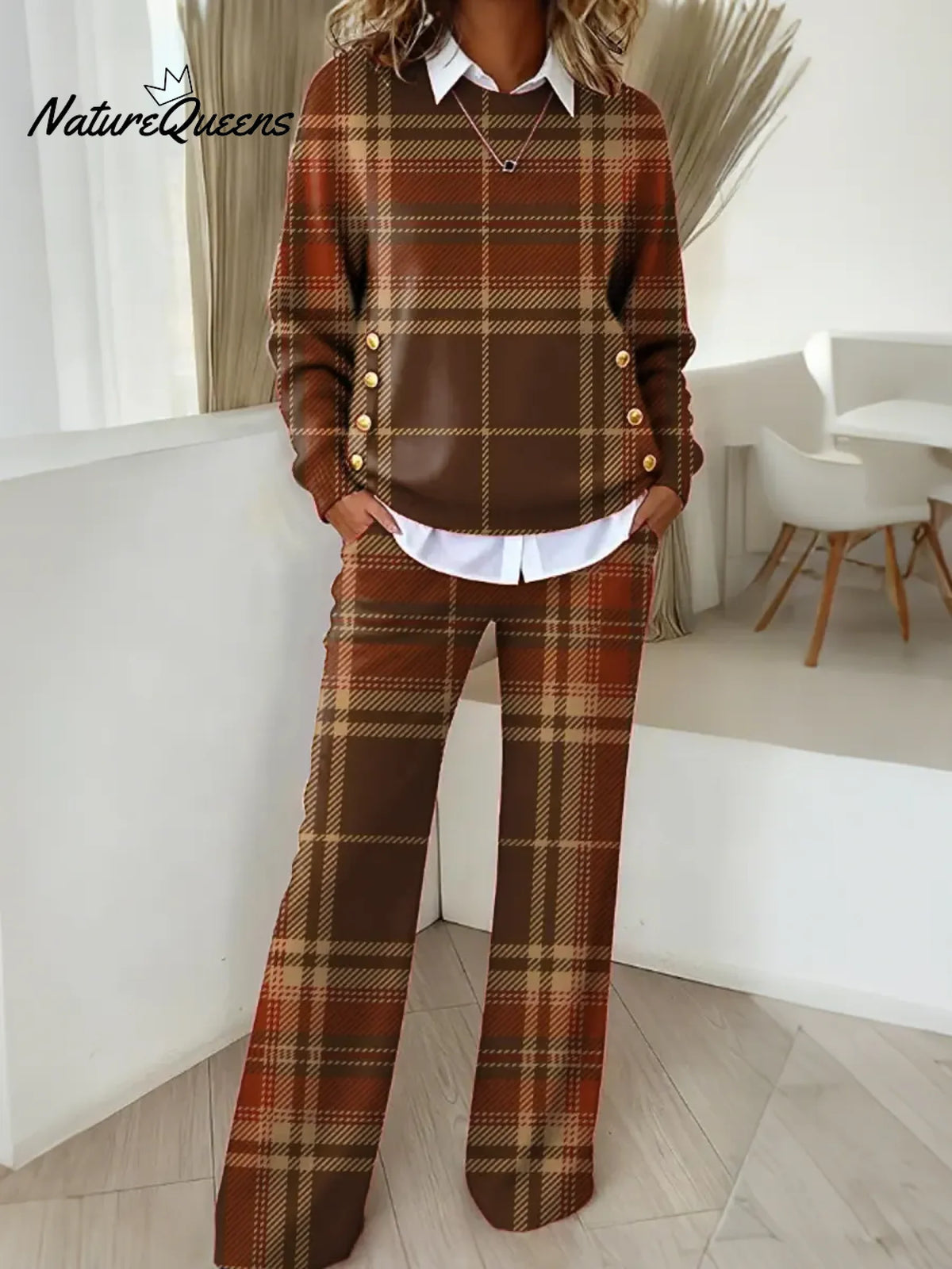 Women's Plaid Pattern Art Print Casual Cotton Knitted Suits