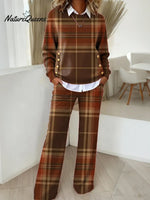 Women's Plaid Pattern Art Print Casual Cotton Knitted Suits