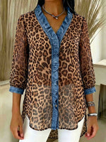 Women's Leopard Print V-neck 3/4sleeve Casual Loose Denim Top With Chiffon Panels
