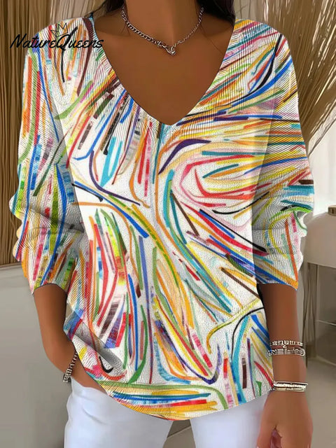 Women's Abstract Pattern Art Print Casual V-Neck Sweater
