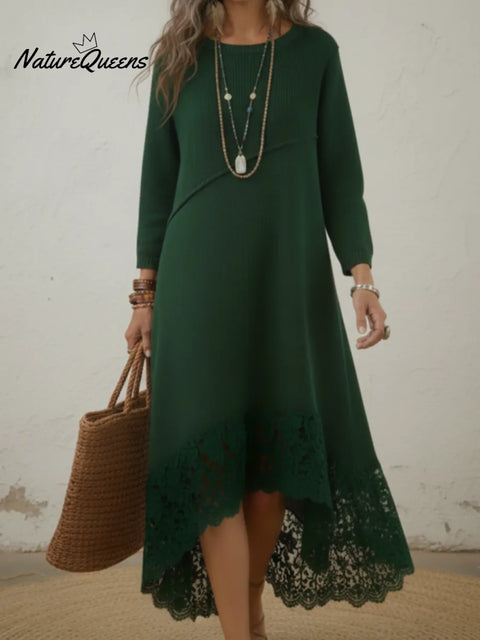Elegant Lace-hemmed Knit Midi Dress