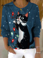 Women's Christmas Cat Print Casual Peter Pan Collar 3/4 Sleeve Sweater