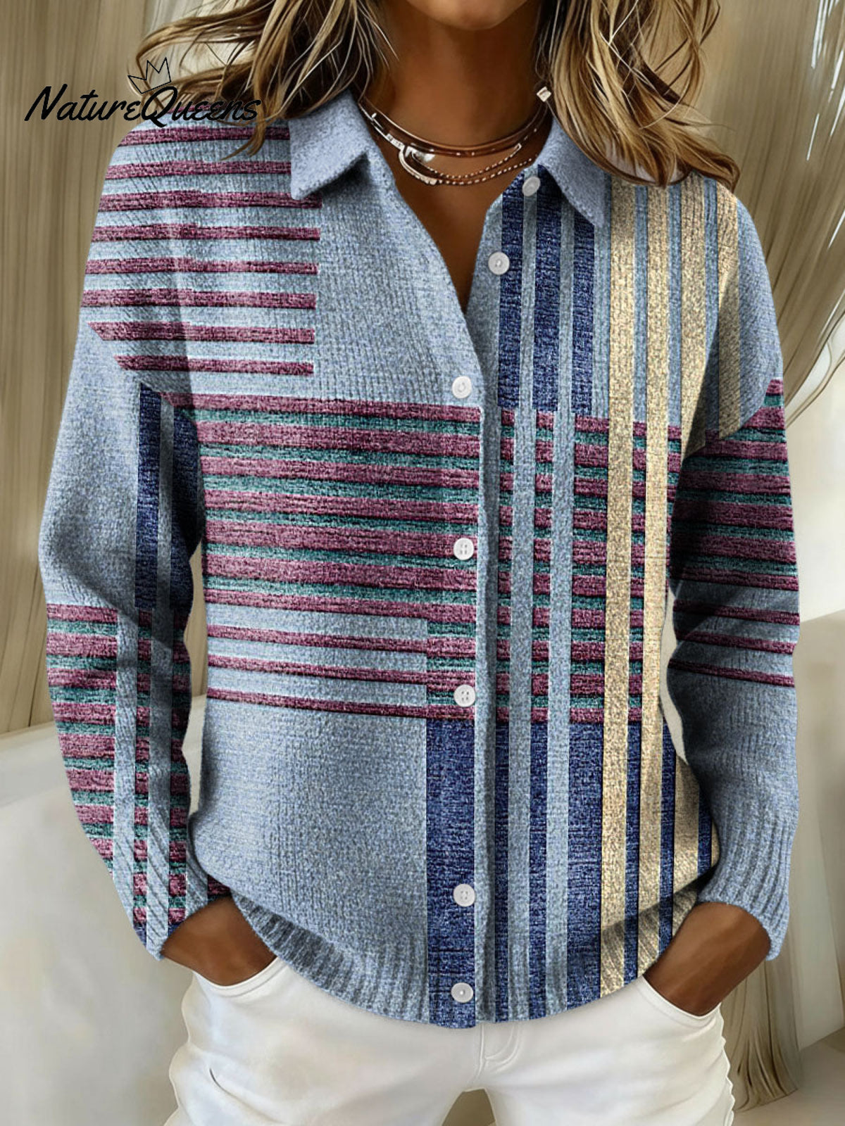 Geometric Line Decorative Patterns Casual Shirt Collar Long Sleeve Sweater