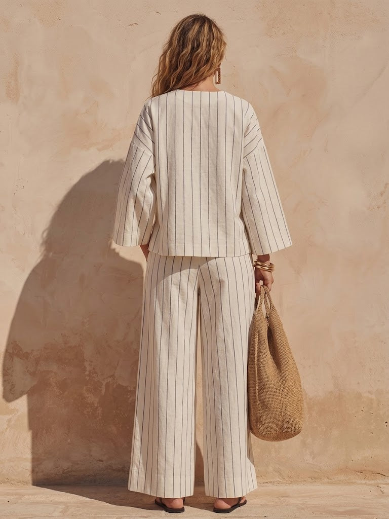 Women's Striped Cotton And Linen Casual Set