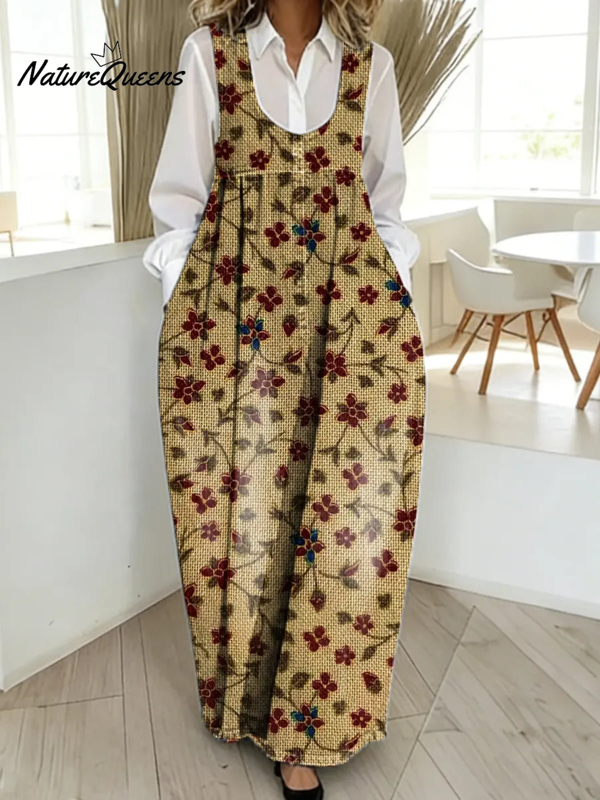 Women's Vintage Flower Pattern Art Print Casual Cotton Denim Dress