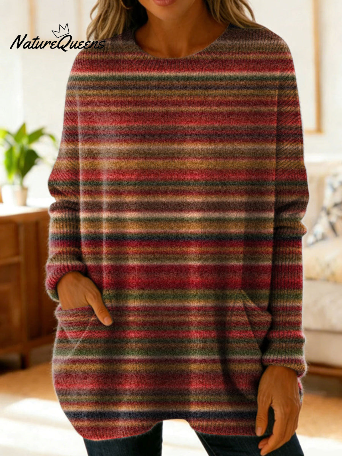 Women's Retro Stripes Art Print Casual Cotton Knitted Sweater