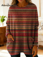 Women's Retro Stripes Art Print Casual Cotton Knitted Sweater