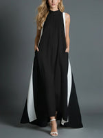 Black And White Color-blocked Linen And Cotton Sleeveless Dress