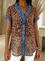 Women's Leopard Print V-neck Short-sleeve Casual Loose Denim Top With Chiffon Paneling