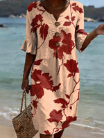 Floral Silhouette Decorative Pattern Polo Collar 100%cotton Dress