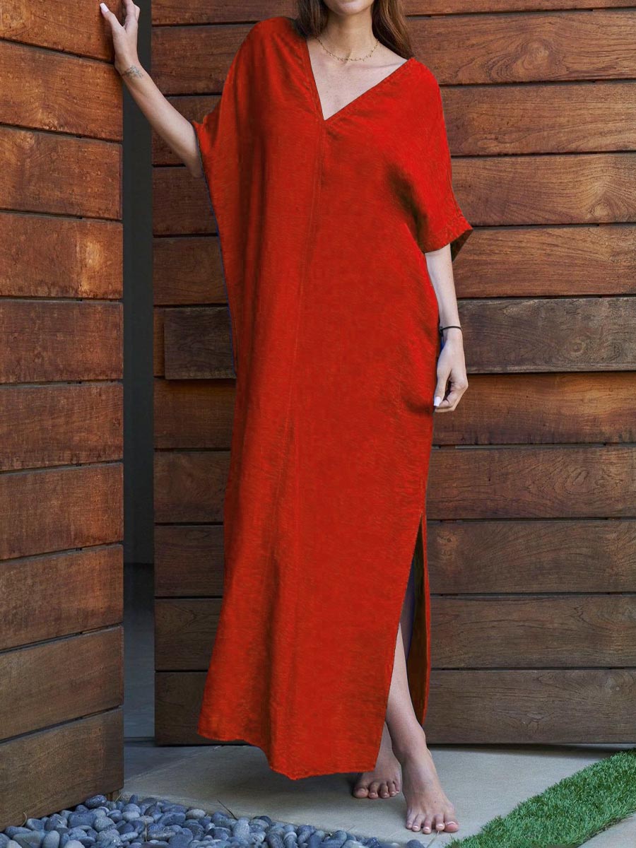 Women's Solid Color V-neck 3/4 Sleeve Casual Loose Cotton And Linen Dress