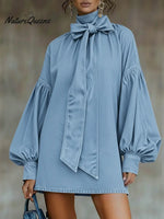 Women's High-neck, Bow-tie, Puff-sleeve Denim Cotton Mini Dress