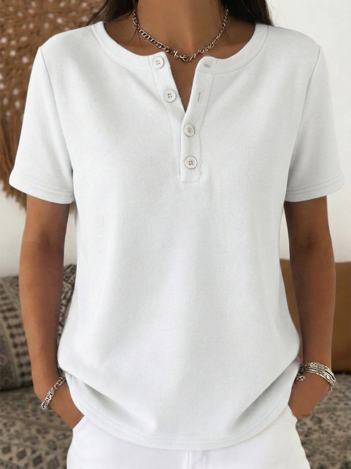 Cozy Casual Henley Collar Cotton T-shirt