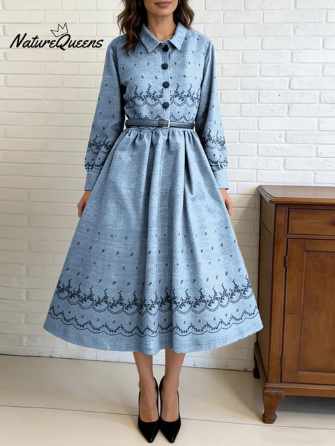 Women's Retro-style Print Shirt Collar Long Sleeve Casual Loose Cotton Dress