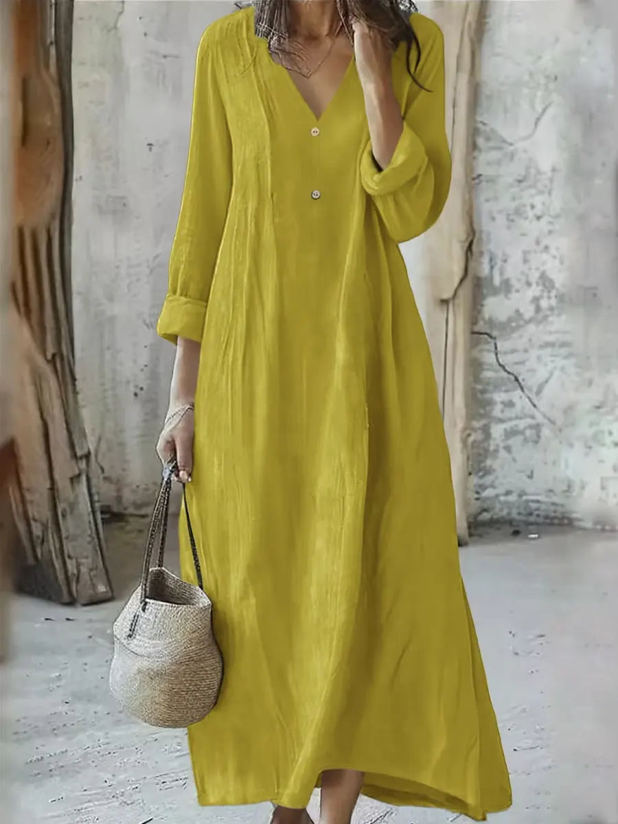 Women's Solid Color Art Casual Long Sleeve Cotton Linen Dress
