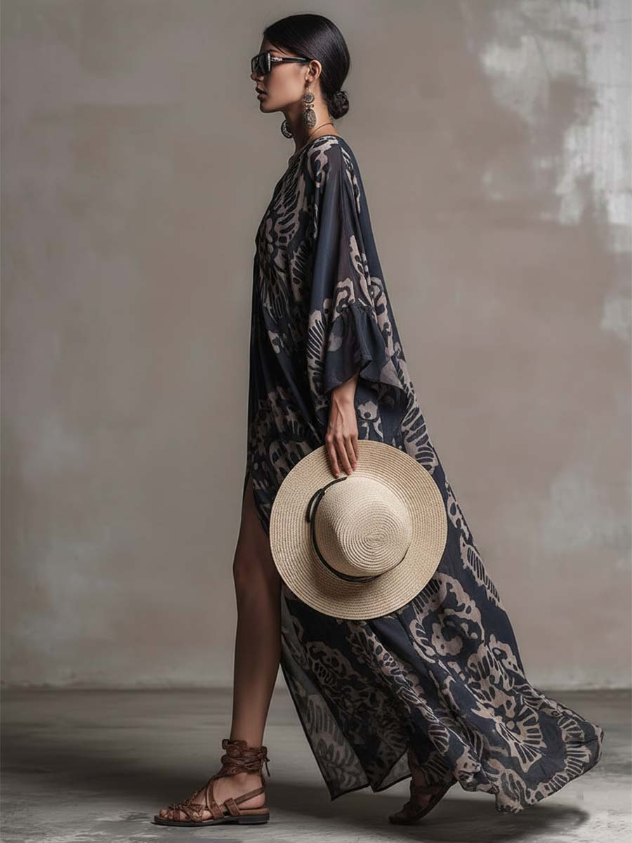 Retro V-neck Floral Print Vacation Maxi Dress
