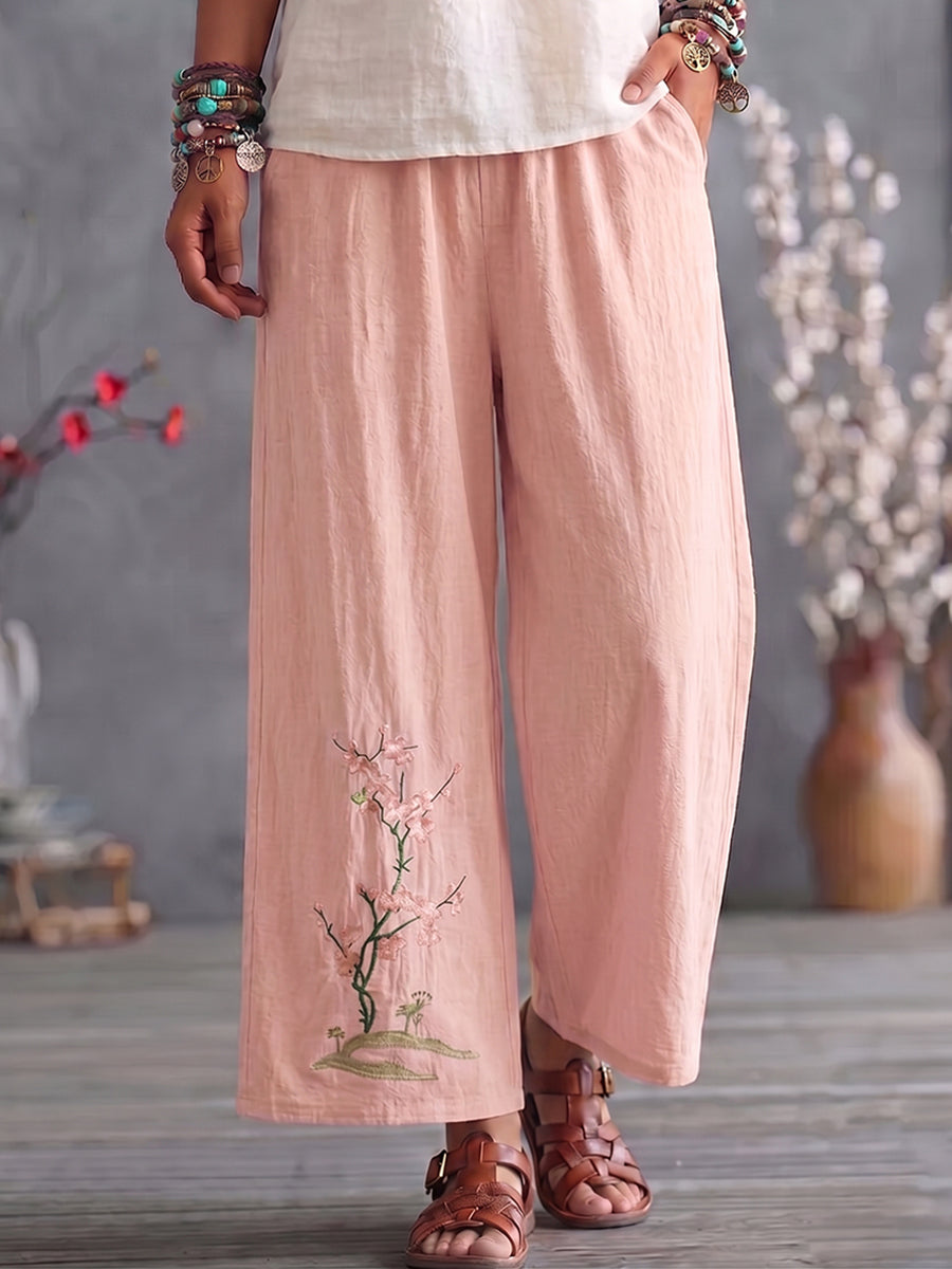 Cozy Floral-embroidered Cotton-linen Straight-leg Cropped Pants