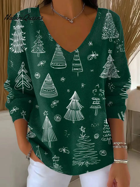 Women's Christmas Tree Pattern Art Print Casual V-Neck Sweater