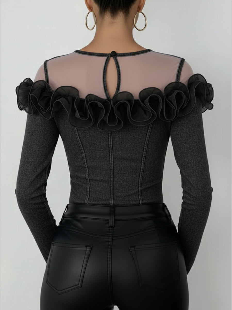 Fashionable Patchwork Mesh Organza Ruffled Denim Top